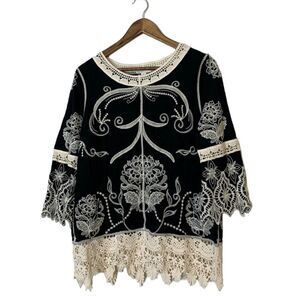 Cato Black Lace Trim Tunic Top Womens Sz S Embroidered Floral Boho Crotchet